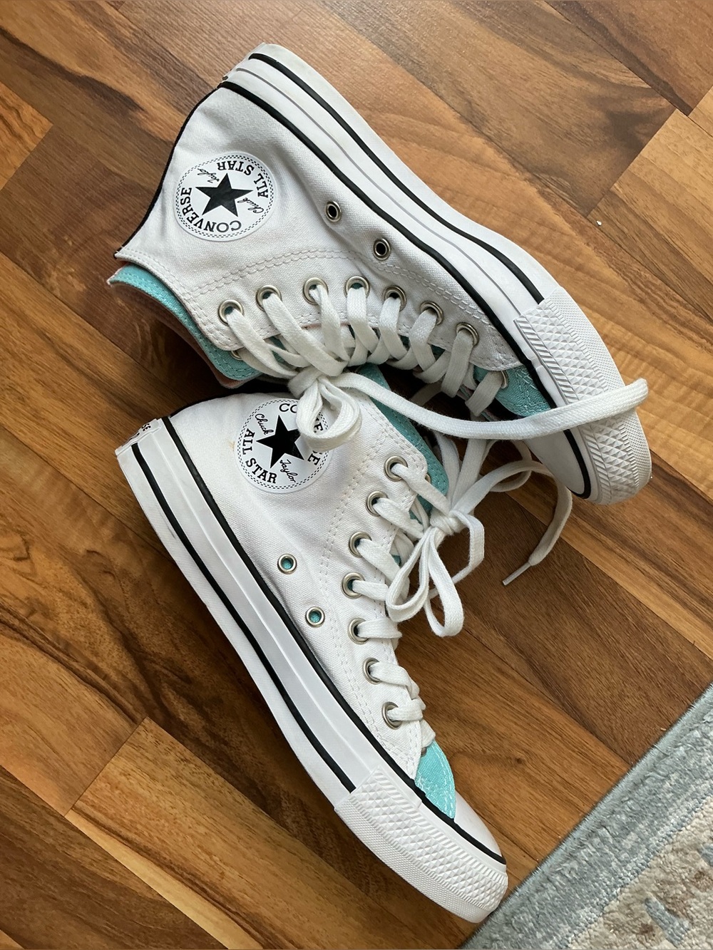 Converse White High Top Sneakers with Mint and Purple Accents